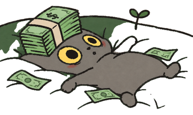 Cashnap, a grey cat lying on its back with a banded stack of cash balanced on its head and loose notes around its paws