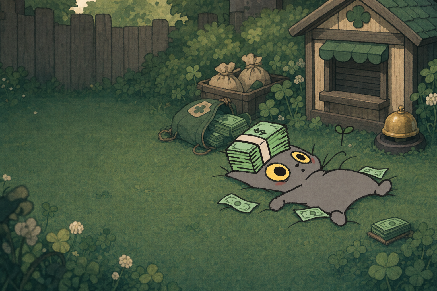Cashnap asleep in a clover garden beside money sacks, a wooden booth and a brass bell